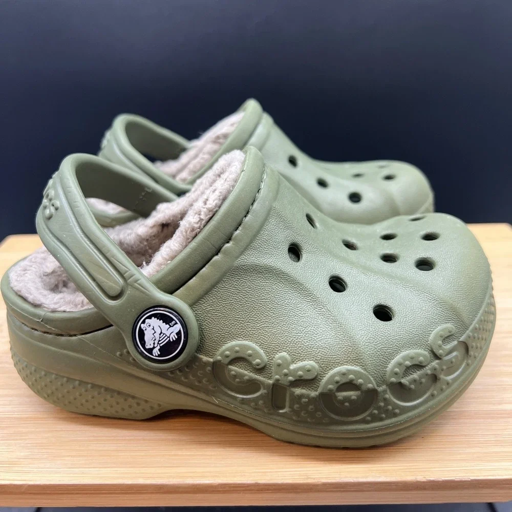 Crocs Baya Lined Clog Shoes Size C7 Green Sherpa Faux Fur Slip On